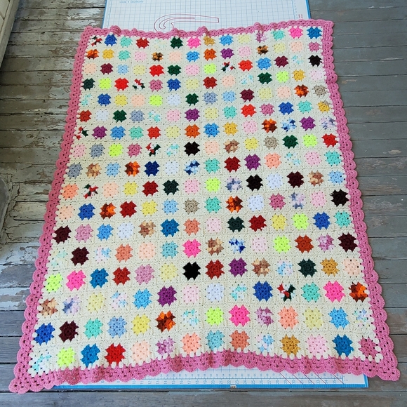 Granny Square Crochet Afghan Blanket Throw Pink Multicolor 59"x54" Handmade - Picture 2 of 6